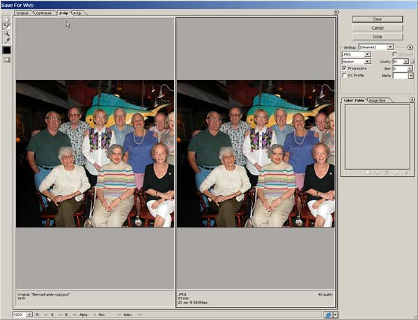 Photoshop's "Save For Web" gives a side by side comparison between the original file and the compressed jpeg